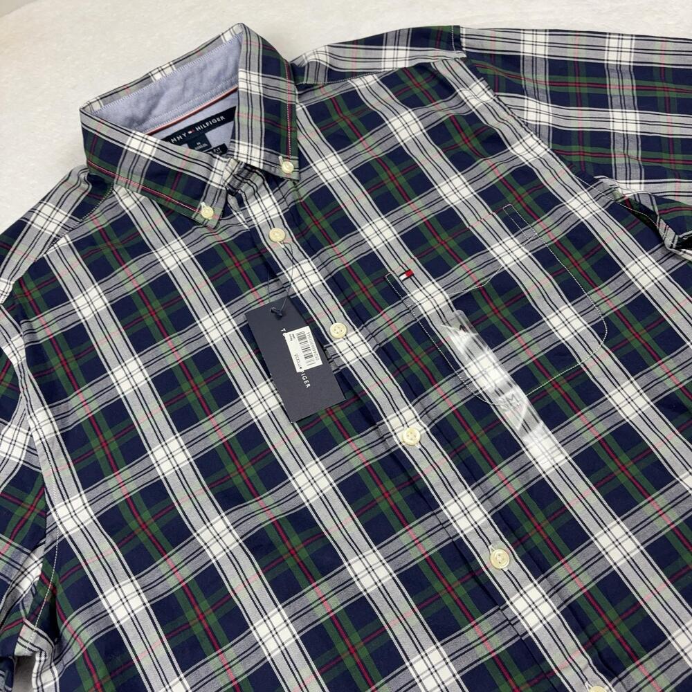 Tommy Hilfiger Button Up Shirt Men M Blue Green Plaid Classic Fit Long Sleeve